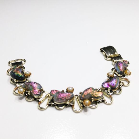 Vintage Holographic Art Glass Bracelet, Book Chain, Faux Pearls, 1960s Jewelry - Picture 8 of 10